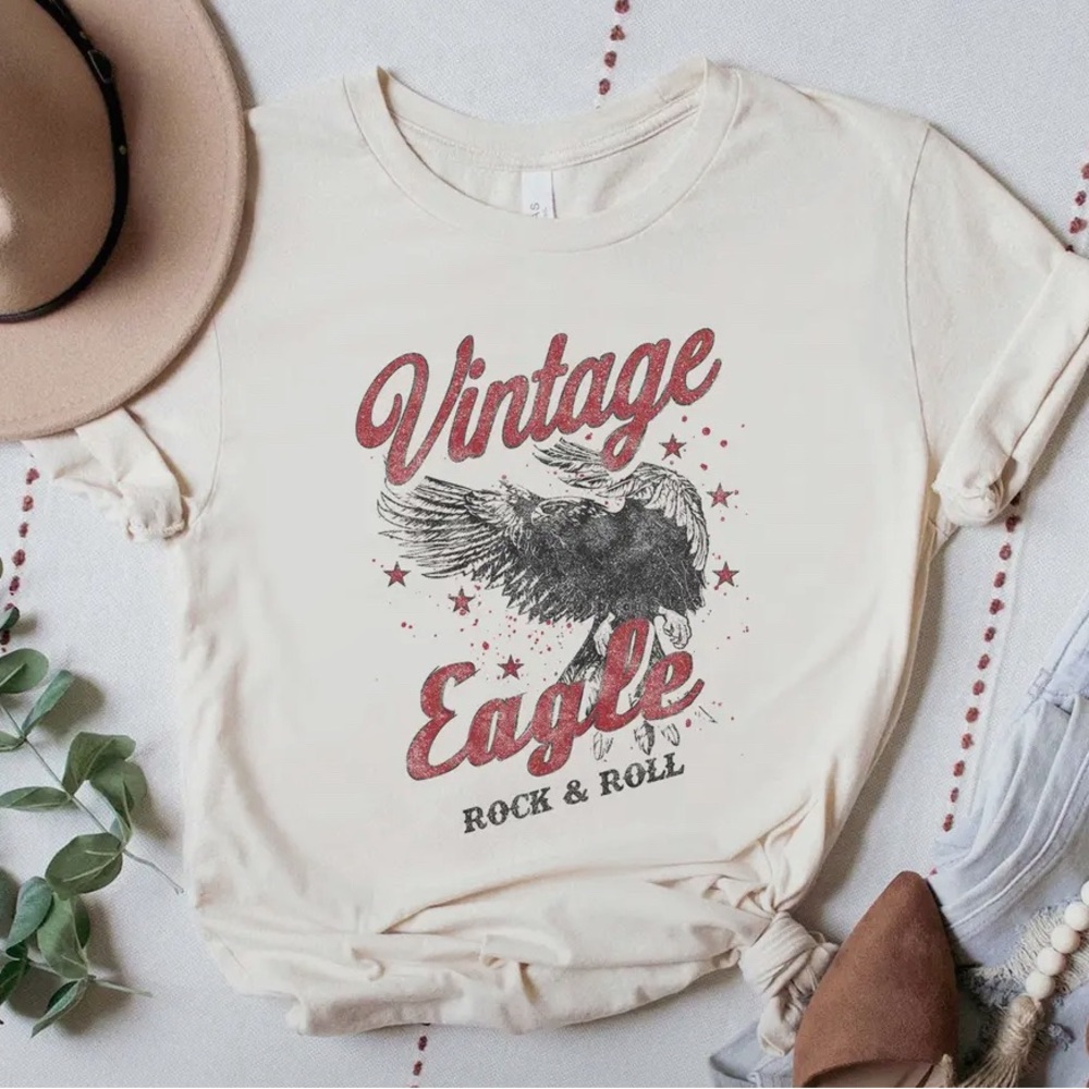 Vintage Eagle rock and roll Graphic Tee - Cream black red